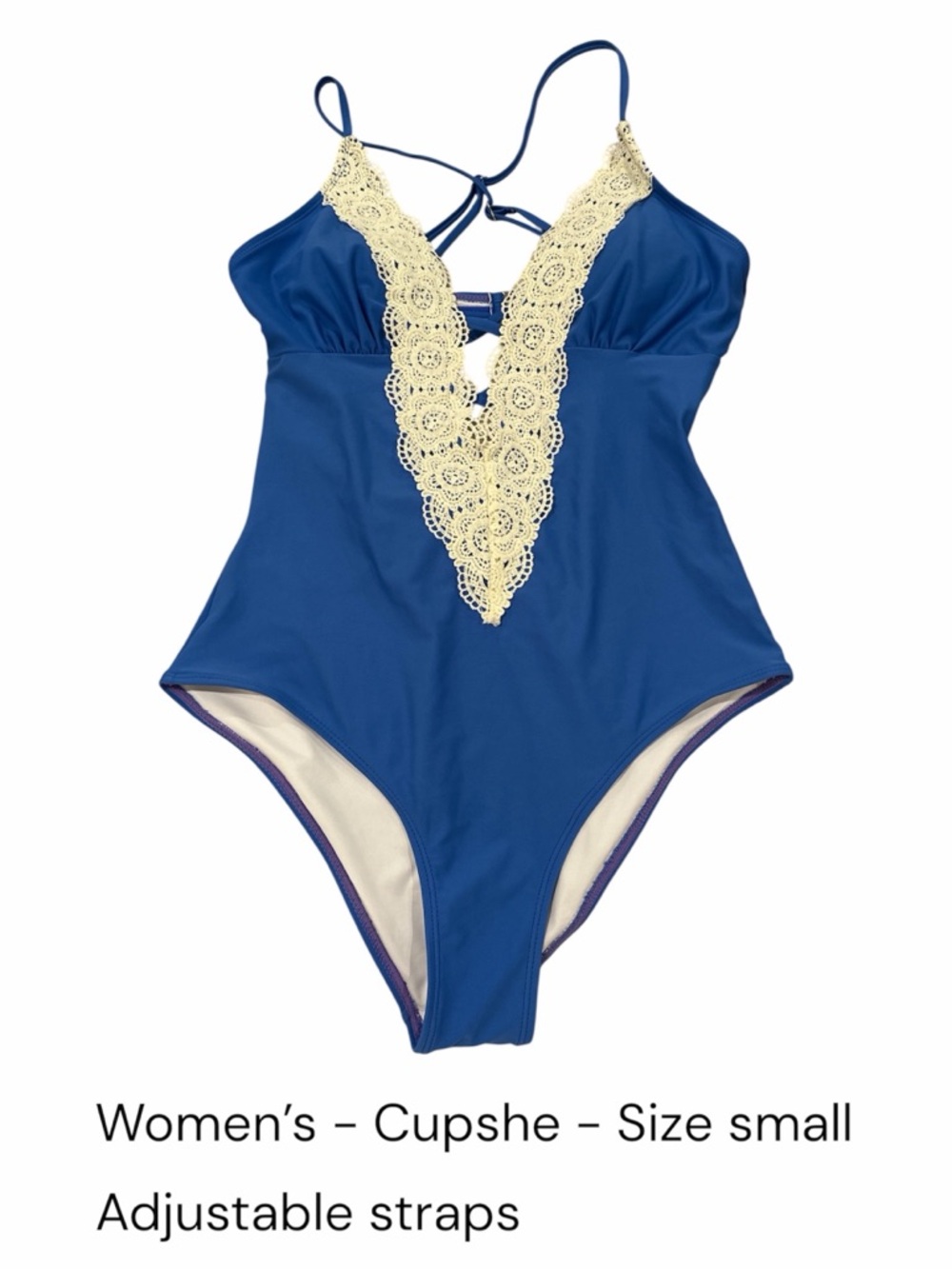 Blue One-Piece Swimsuit with Cream Crochet Plunge - womens Cupshe size small
